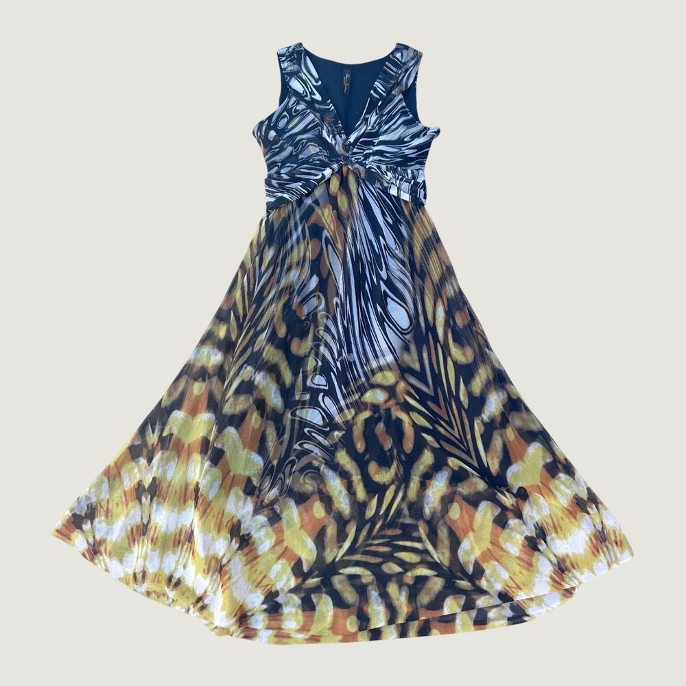VTG Elana Kattan Maxi Dress Women XS/S Stretch Sheer Mesh Mixed Animal Print Y2K